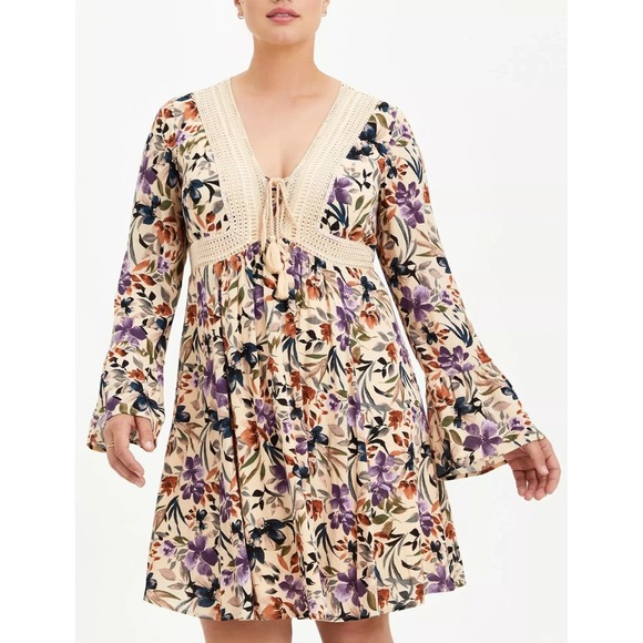torrid Dresses & Skirts - Torrid Mini Gauze Lace-Up Skater Dress Bell Sleeve Floral Plus Size 3 3X Boho